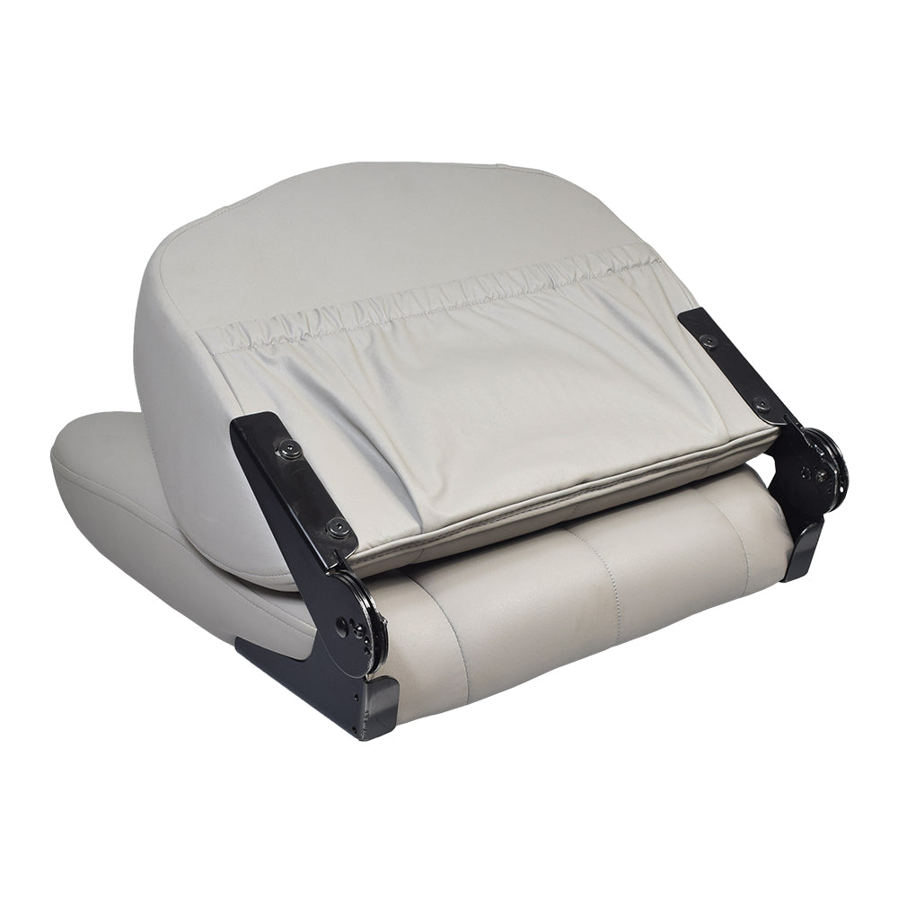 22 x 20 Gray Medium-Back Deluxe Contour Vinyl Seat Assembly (Blemished), featuring a white leather cushion with black metal legs and a minor scrape on the back hinges.