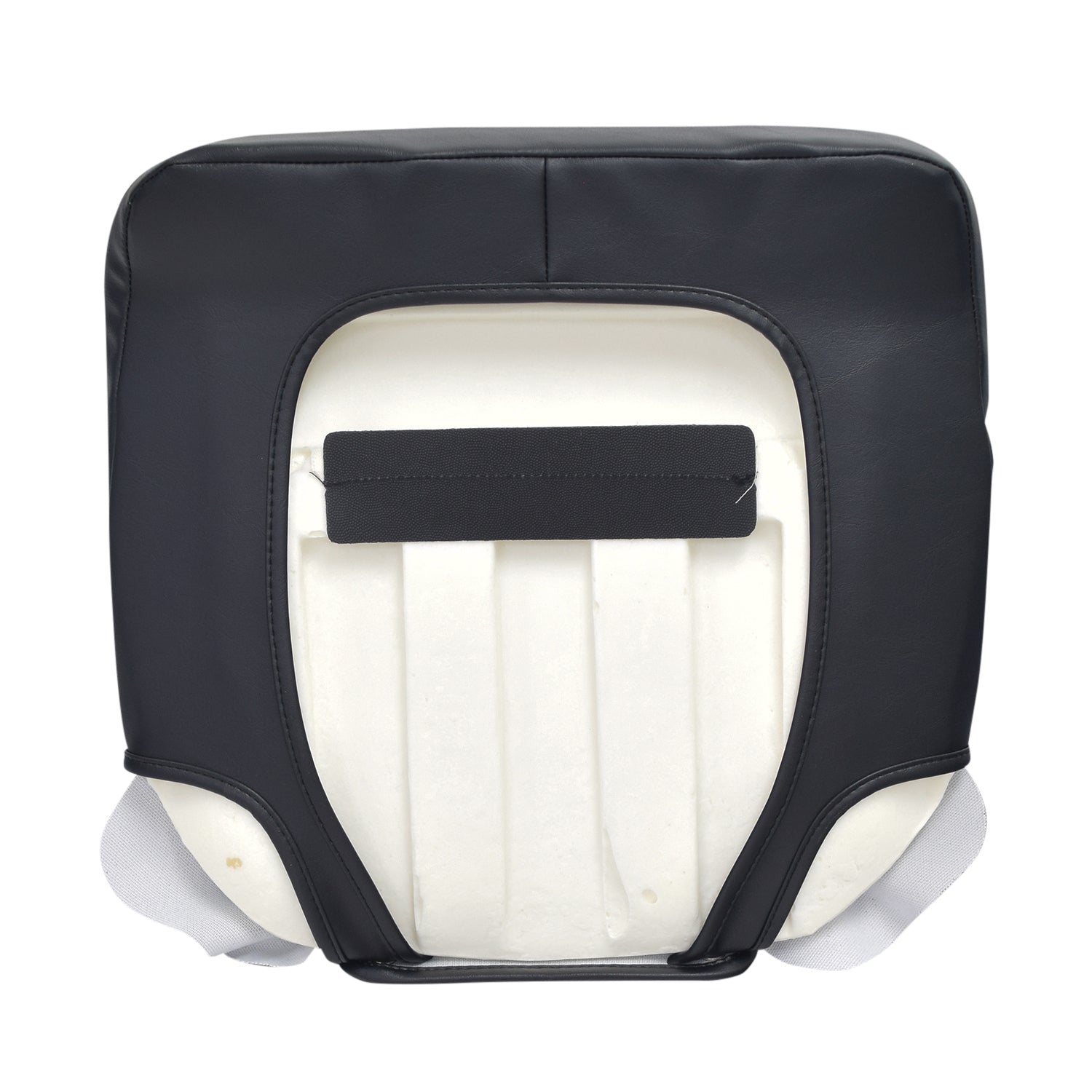 Black Vinyl Seat Base for Go-Go and Pride Revo (SC60/SC63/SC64) Mobility Scooters, featuring a padded seat with white stitching and white straps, designed to match the standard seat dimensions.