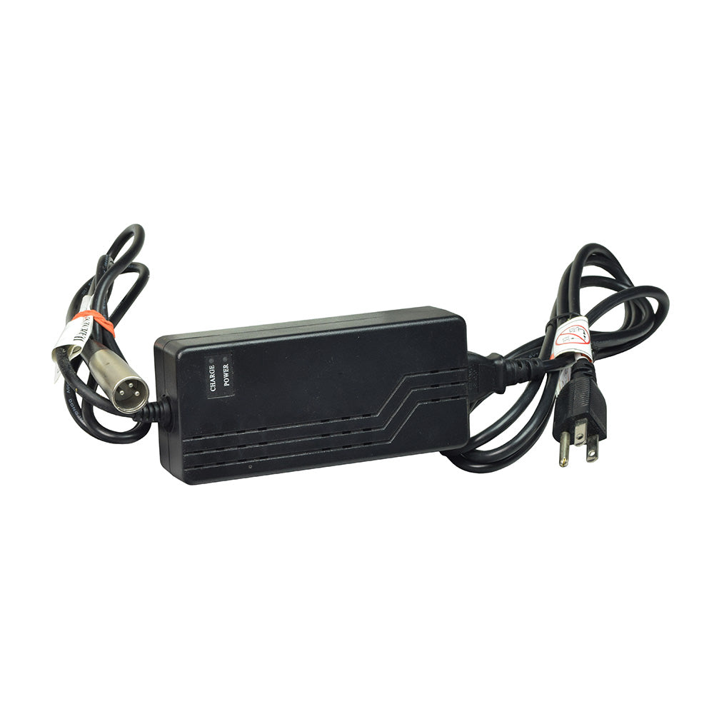 24 Volt 2 Amp XLR EA1065 Battery Charger featuring a black power cord with plugs, a white label, and a standard AC outlet 3-prong adapter plug for electric and mobility scooters.