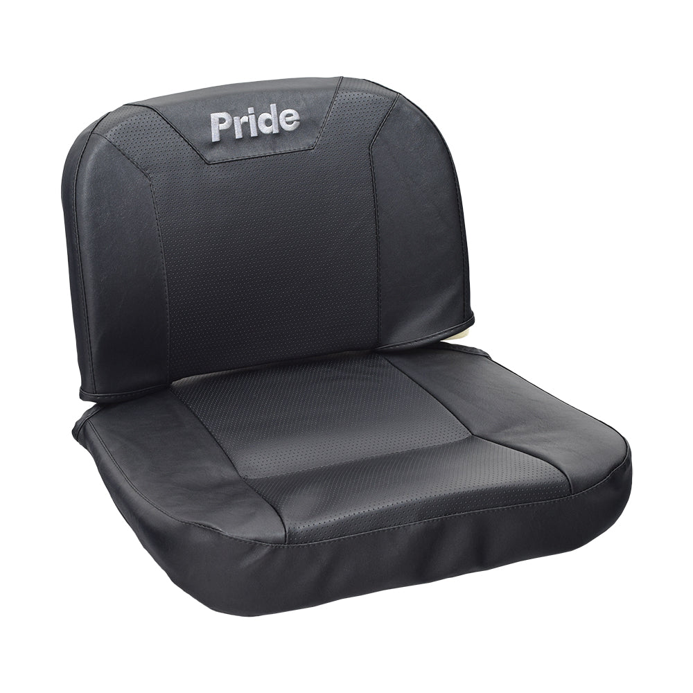 17x17 Black Textured Vinyl Seat Cover Set for the Pride Revo, Sonic, Star, Victory 3, & Go-Go Scooters, featuring a black leather seat with an embroidered Pride logo.