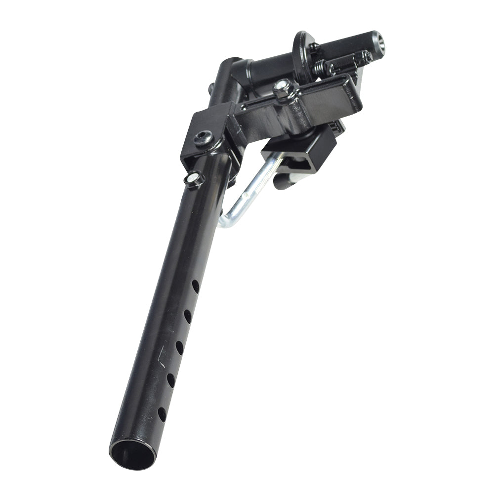 Upper Elevating Leg Rest Extension Assembly for Quantum Power Chairs, featuring a black metal structure with a pipe and screw, designed for compatibility with various Quantum and Jazzy power chair models.