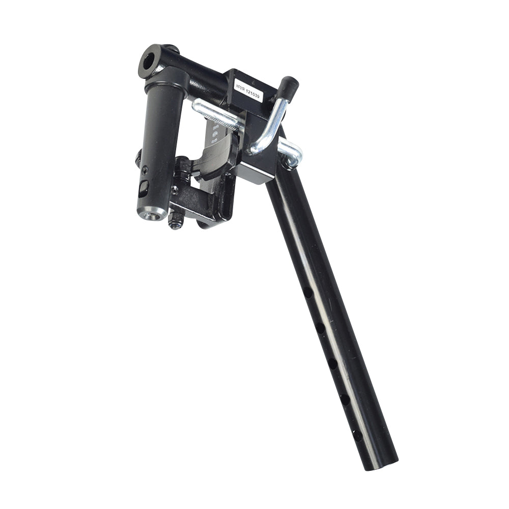 Upper Elevating Leg Rest Extension Assembly for Quantum Power Chairs featuring a black metal object with a long handle, designed for left or right side configuration, compatible with Quantum Q1103 Ultra and Jazzy 600 models.