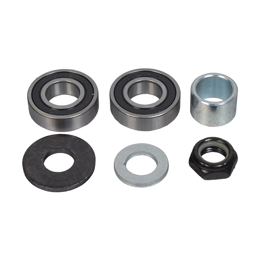 Front Caster Anti-Flutter Kit for the Jazzy 600, 600 XL, 610, Quantum Q600, Q610, & Q6000, showing metal bearings, washers, a spacer, and a nut in close-up detail.