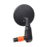 Rear View Bar End Mirror for Pride Scooters, featuring a black round mirror with a black handle, designed to easily plug into scooter handlebars using an internal-expanding plug for a secure fit.