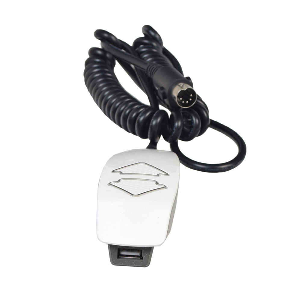 Standard 2-Button Hand Control for the Mega Motion Lift Chair (MM200) featuring a USB port, a 5-pin connector, and a backlit white remote with a black cord.