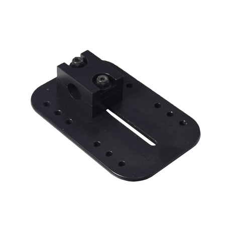 4x6 Footplate With Mat and Block for Jazzy 600 ES, featuring a black metal piece with holes and screws, including a close-up of a black nut and a white line.