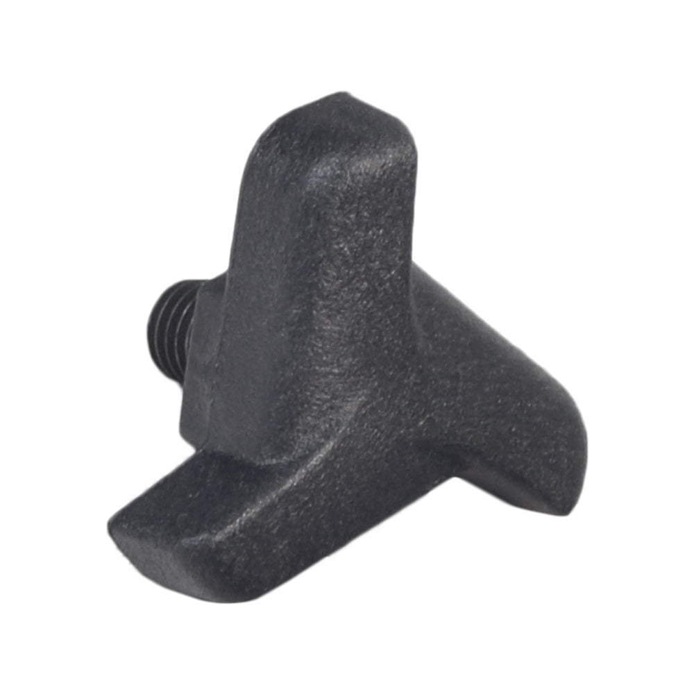 Armrest Knob for Tru-Balance 3 Armrests on Quantum Power Chairs: A black plastic knob with a screw, featuring three spokes for easy gripping and turning, designed specifically for Quantum power chairs.