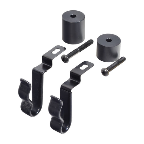 Armrest Cane Clips (Style B) for Pride Mobility Scooters, showing a group of black metal hooks, screws, two clips, and two bolts for mounting under the armrest.