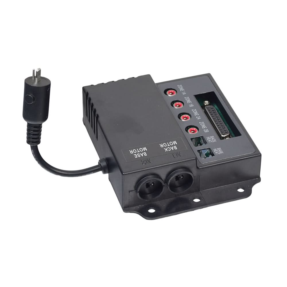 Pride ELEASMB7219 deluxe heat & massage control box for LC-525, LL-770 & Mega Motion LC-100 lift chairs, showing 25-pin hand control port, massage zone jacks, and back/base motor ports