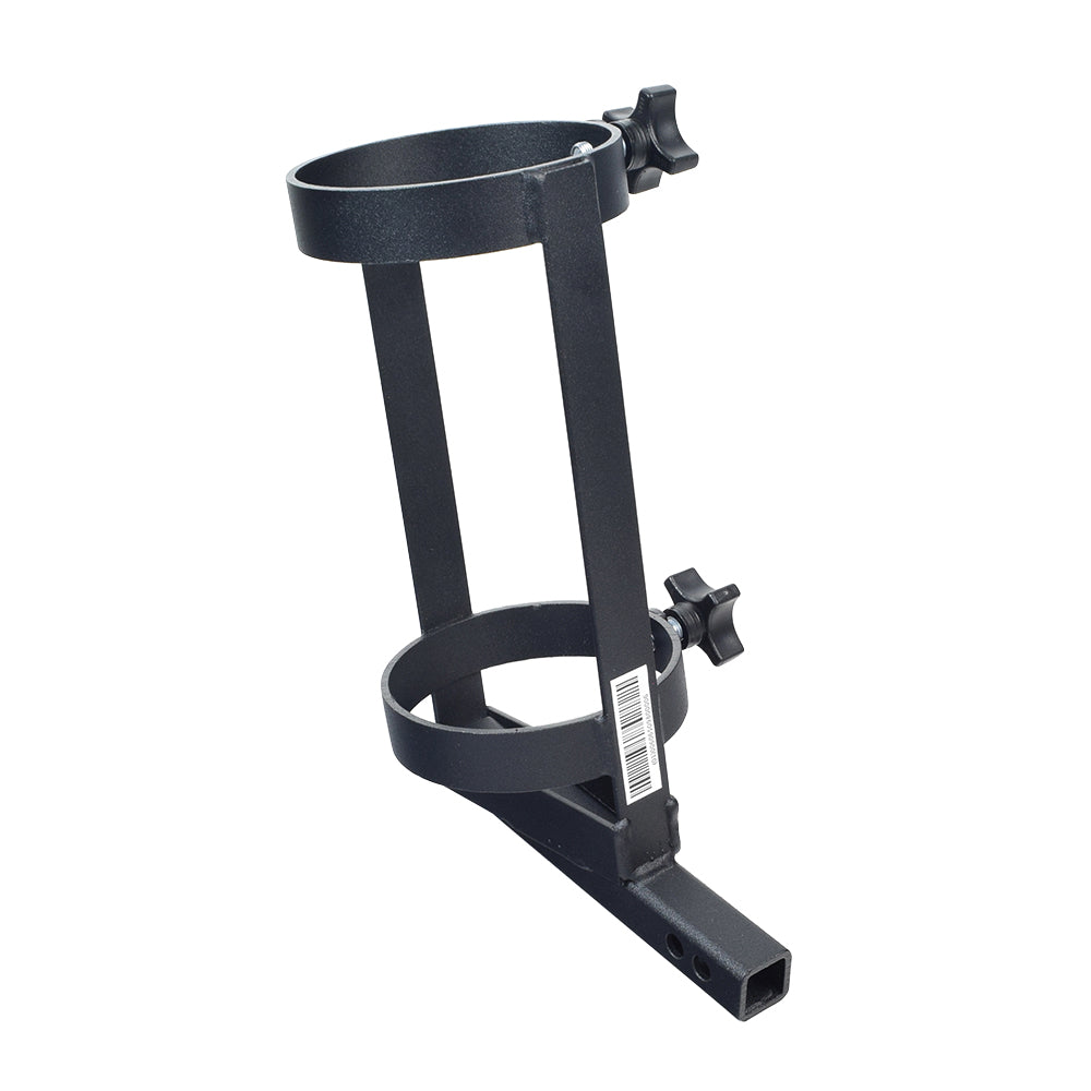 Oxygen Tank Holder Assembly with Mounting Bracket for Quantum Power Chairs with Synergy Seating, featuring a black metal holder, handle, barcode, and mounting hardware for secure attachment behind the chair's seat.