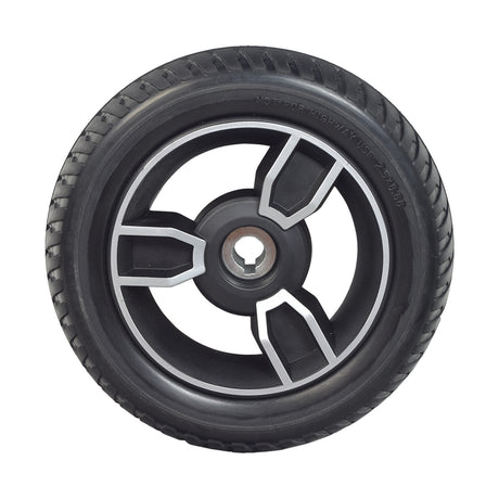 8 Rear Wheel Assembly for the Jazzy Zero Turn, featuring a black tire with a silver rim, low profile design, and pre-installed bearings. Ideal for mobility scooter rear wheel replacement.