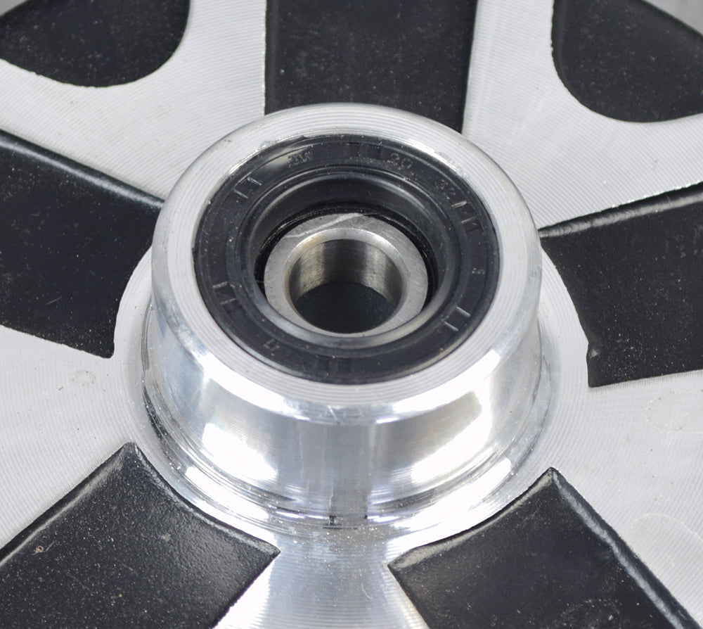 Close-up of the 16 Front Wheel Assembly for the Pride Raptor mobility scooter, featuring a metal rim and a black street-style tire with pre-installed bearings.