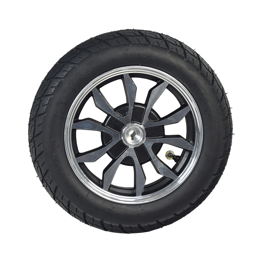 16 Rear Wheel Assembly for Pride Raptor & Baja Raptor 2 Scooters, featuring a black tire with a silver rim and a distinctive street-style tread pattern designed for mobility scooters.