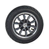 16 Rear Wheel Assembly for Pride Raptor & Baja Raptor 2 Scooters, featuring a black tire with a silver rim and a distinctive street-style tread pattern designed for mobility scooters.