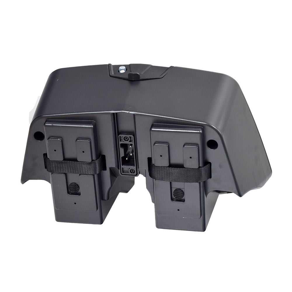 Battery Box Assembly for the Jazzy Zero Turn & Go-Go Go-Chair, featuring a black device with two ports and a fuse, designed for easy transport and installation.