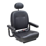 18x18 Hi-Back Black Vinyl Limited Recline Comfort Seat Assembly with Armrests & Lap Belt for Jazzy Power Chairs, featuring black vinyl upholstery, armrests, headrest, and lap belt, displayed against a plain backdrop.