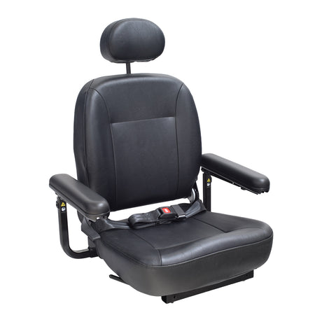 18x18 Hi-Back Black Vinyl Limited Recline Comfort Seat Assembly with Armrests & Lap Belt for Jazzy Power Chairs, featuring black vinyl upholstery, armrests, headrest, and lap belt, displayed against a plain backdrop.