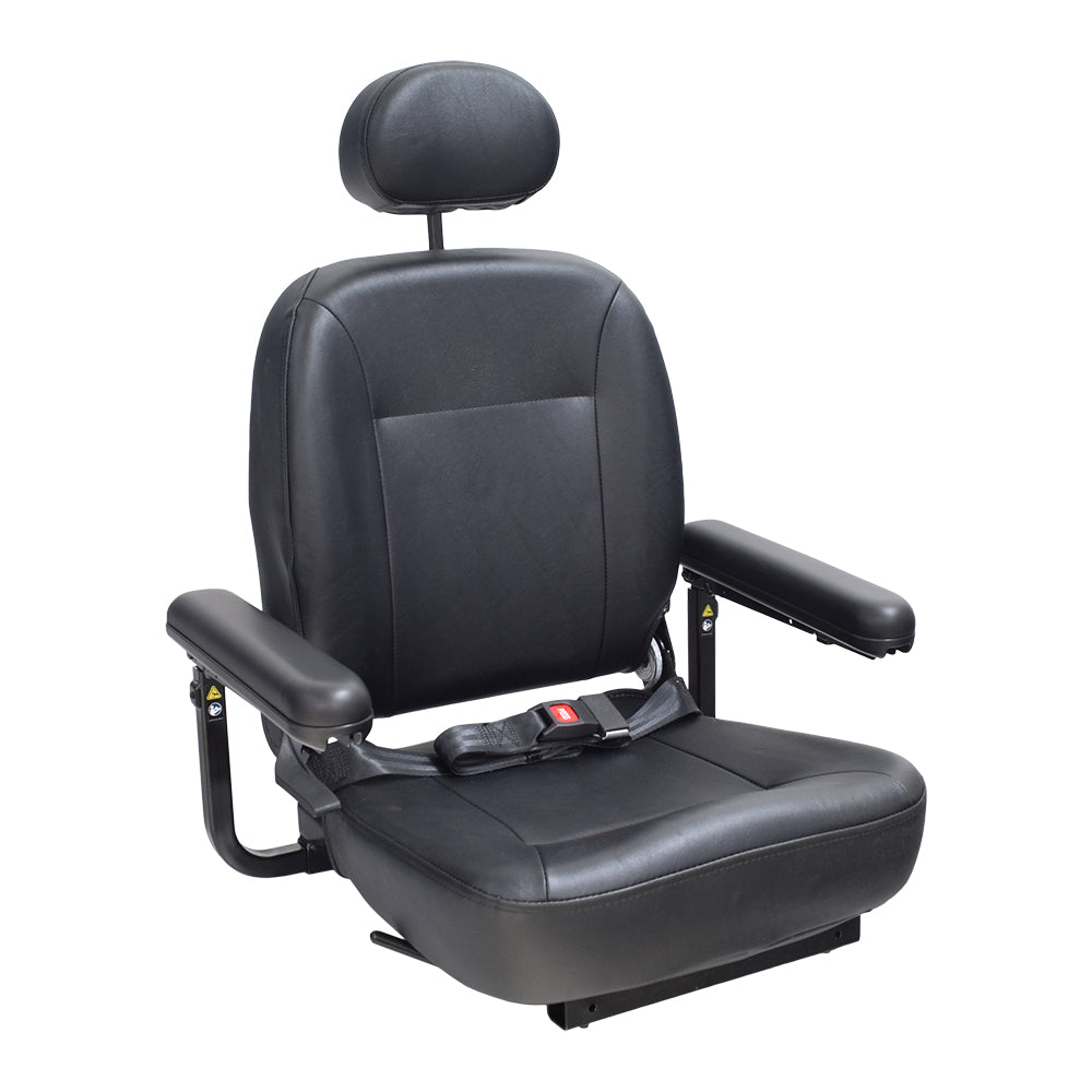 20x18-20 Hi-Back Black Vinyl Limited Recline Comfort Seat Assembly with Armrests & Lap Belt for Jazzy & Quantum Power Chairs (Blemished), featuring a black seat with armrests, headrest, and seat belt.