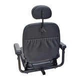 18x18 Hi-Back Black Vinyl Limited Recline Comfort Seat Assembly for Jazzy Power Chairs, featuring armrests, headrest, and lap belt, with a sleek black finish and easy-to-clean upholstery.