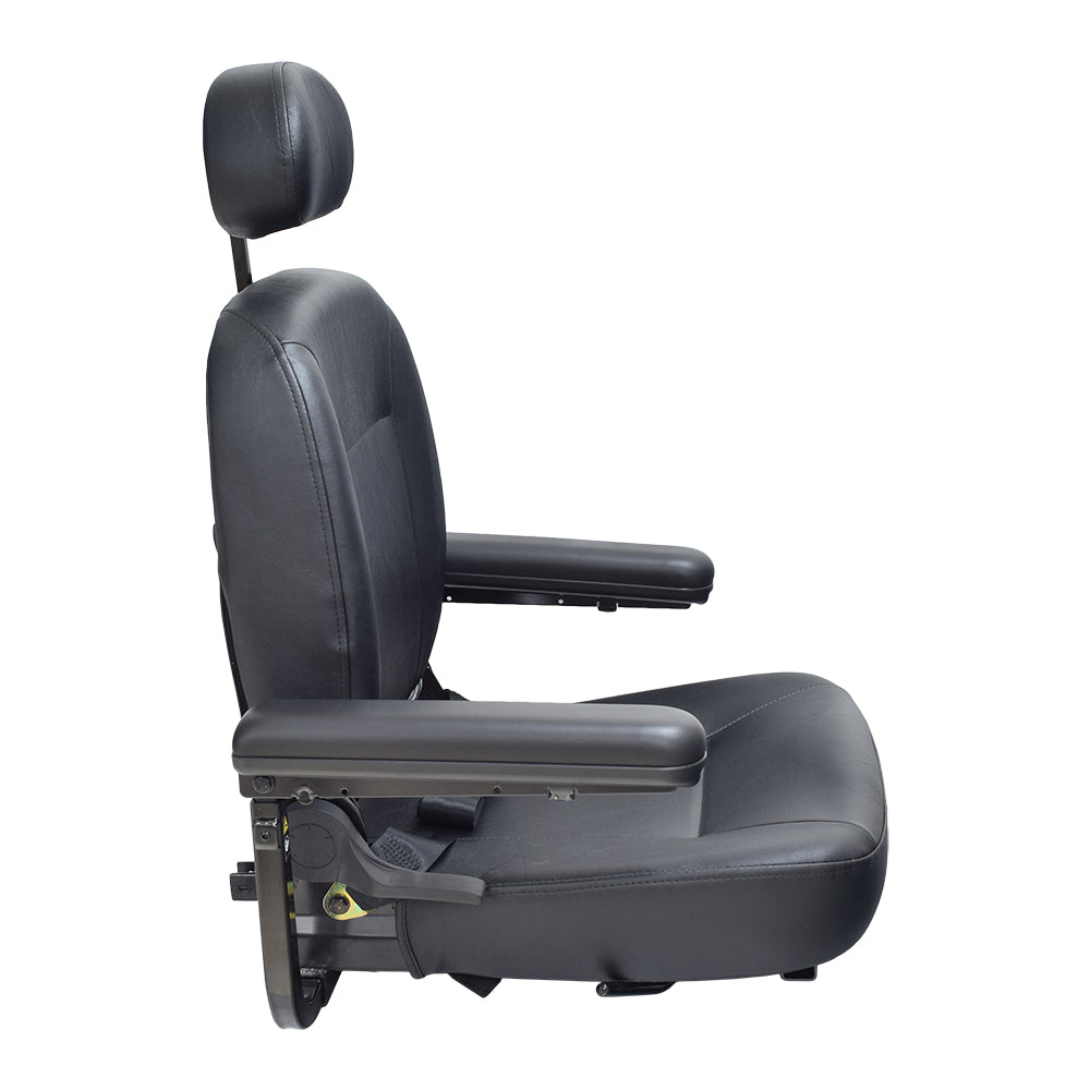 18x18 Hi-Back Black Vinyl Limited Recline Comfort Seat Assembly with Armrests & Lap Belt for Jazzy Power Chairs, featuring an easy-to-clean vinyl finish, armrests, headrest, and seat plate.