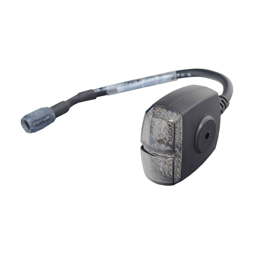 Front Headlight for the Quantum Q6 Edge HD, Rival (R44), & R4000 power chairs, featuring a black and grey casing with a cable attachment, highlighting its white and amber LED lights.