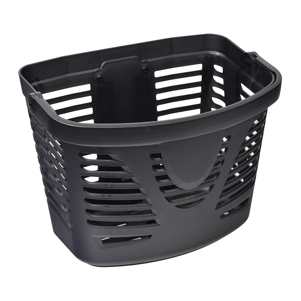 Front Basket Assembly for the Pride Maxima (SC900/SC940) (Missing Hardware), a black plastic basket with holes, designed for durability and compatibility with specific serial numbers of Pride Maxima scooters.