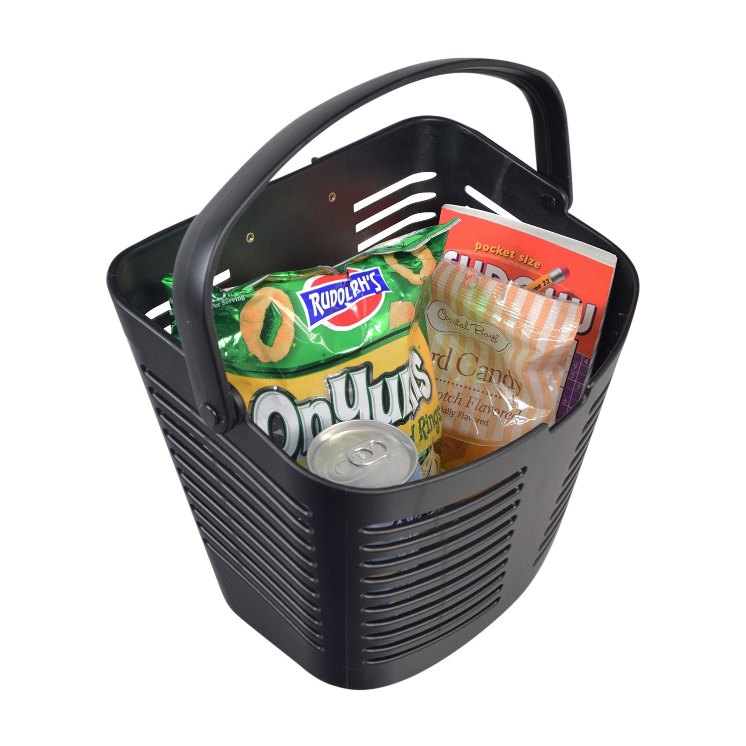 Front Basket Assembly for the Pride Maxima (SC900/SC940) mobility scooter, a durable black plastic basket, filled with assorted food items, highlighting its spacious and practical design.