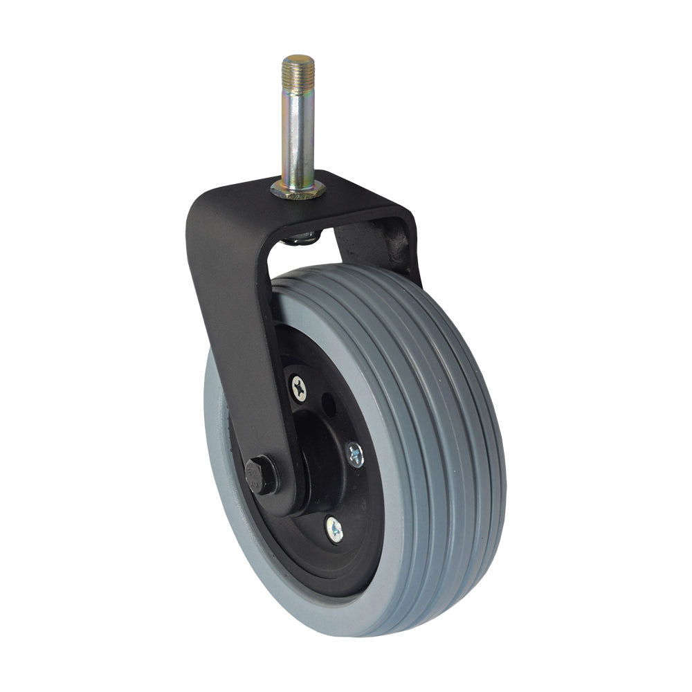 Left Front Caster Wheel Assembly for the Jazzy Select 6, featuring a black and grey rubber tire with a visible metal screw in the center.