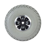 3.00-4 (10x3, 260x85) Pneumatic Drive Wheel Assembly for Jazzy and Jet Power Chairs, featuring a black split rim and replaceable white tire with visible bolts on the backside.