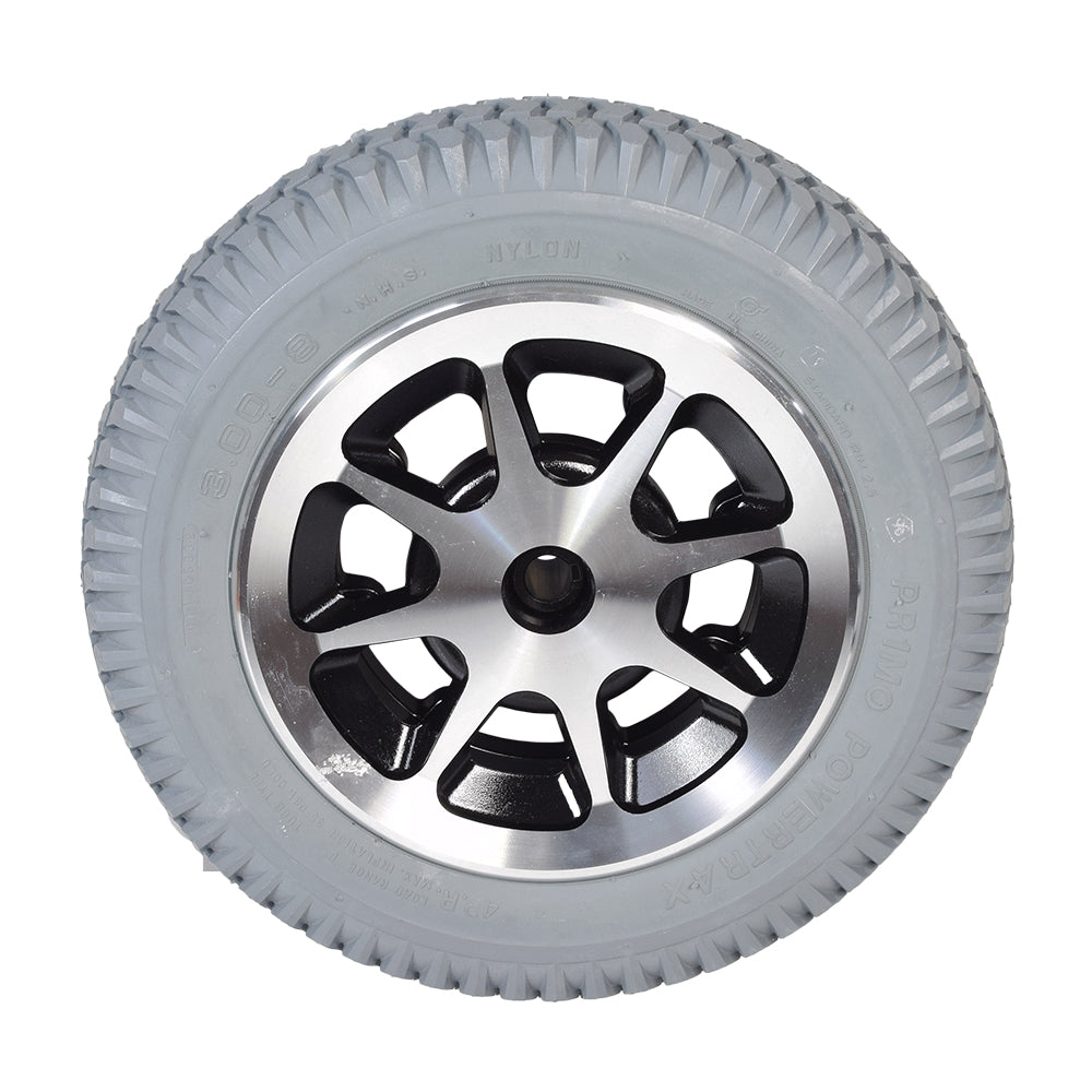 14x3 (3.00-8) Flat-Free Drive Wheel Assembly for the Jazzy 1104, Jet 1 HD, & Jet 2 HD (Blemished) featuring a silver rim with a minor scratch.