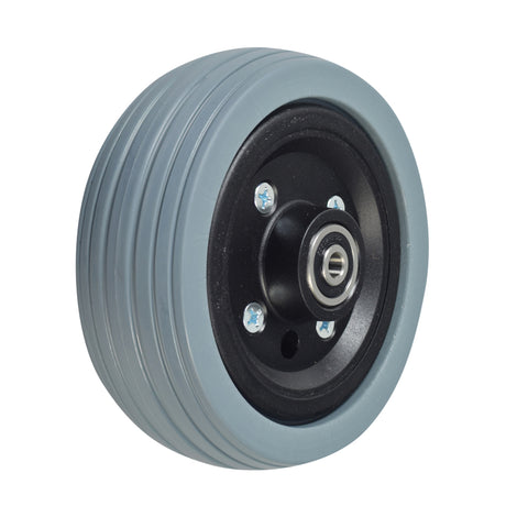 6x2 Flat-Free Caster Wheel Assembly with Gray Tire for Jazzy Power Chairs, featuring a black rim, bearings, and spacer.