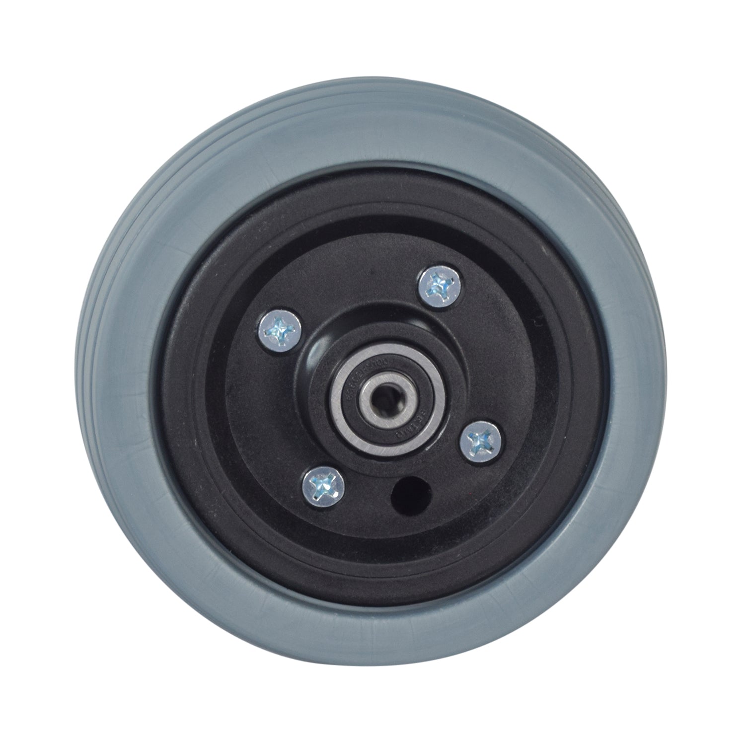 6x2 Flat-Free Caster Wheel Assembly with Gray Tire for Jazzy Power Chairs, showing a black rim, gray rubber tire, and visible screws and bearings.