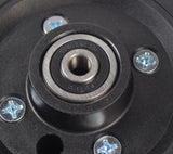 6x2 Flat-Free Caster Wheel Assembly with Gray Tire for Jazzy Power Chairs, featuring a black rim, visible screws, bearings, and a central spacer.