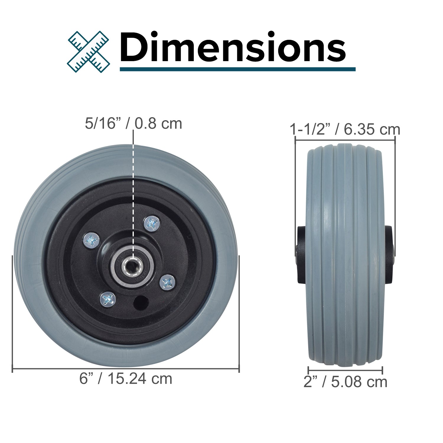 6x2 Flat-Free Caster Wheel Assembly with Gray Tire for Jazzy Power Chairs, featuring a black rim, bearings, and spacer, shown in a detailed close-up of the wheel.