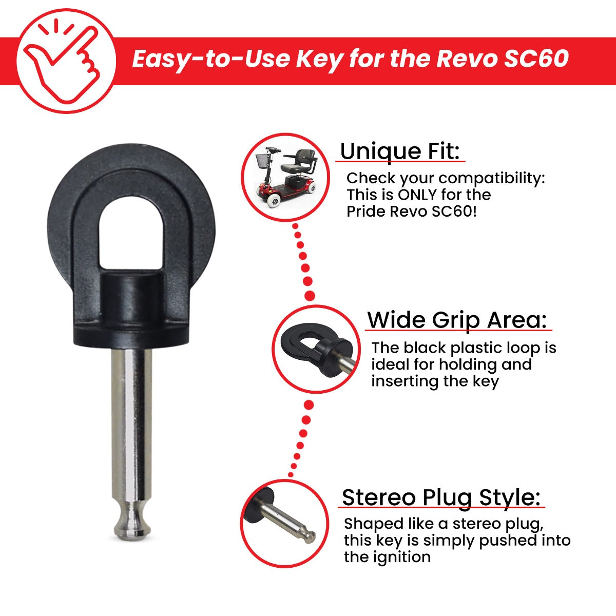 Key (Stereo Plug Style) with Flat Circle Head for Pride Revo (SC60) Scooters, featuring a black plastic loop head and silver metal shaft, shown with usage instructions and a red and white logo.