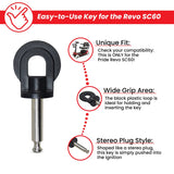 Key (Stereo Plug Style) with Flat Circle Head for Pride Revo (SC60) Scooters, featuring a black plastic loop head and silver metal shaft, shown with usage instructions and a red and white logo.