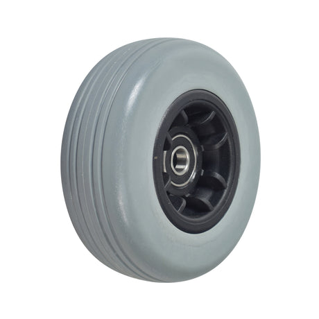 5x1.75 Flat-Free Caster Wheel Assembly for Jazzy Select Traveller, Z-Chair, and Go-Go Go-Chair Power Chairs, featuring a black rim with a gray tire, offset design, and integrated bearings and spacer.