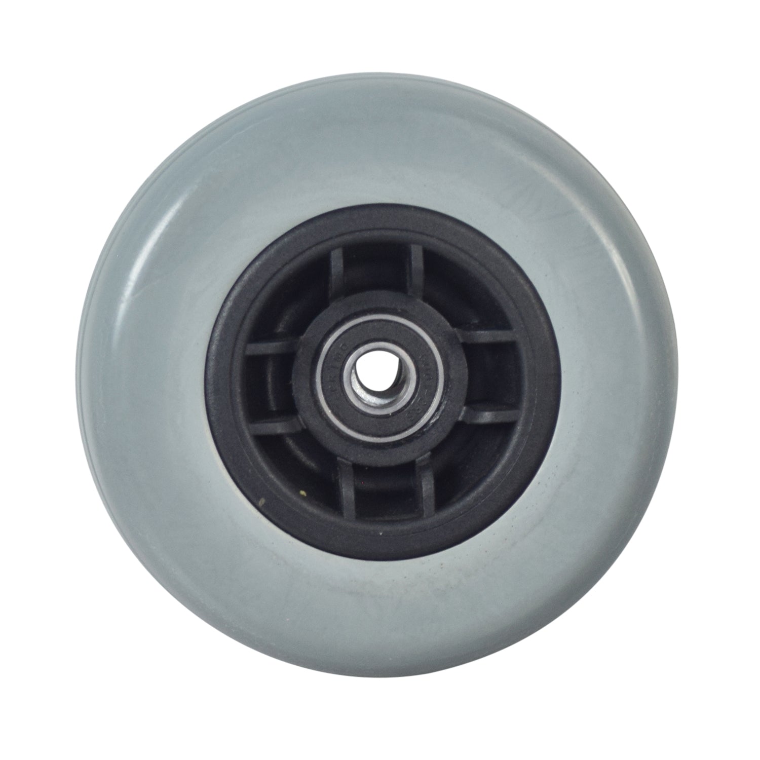 5x1.75 Flat-Free Caster Wheel Assembly for Jazzy Select Traveller, Z-Chair, and Go-Go Go-Chair Power Chairs, featuring a central hole, black rim, gray tire, offset design, with bearings and spacer.