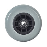 5x1.75 Flat-Free Caster Wheel Assembly for Jazzy Select Traveller, Z-Chair, and Go-Go Go-Chair Power Chairs, featuring a central hole, black rim, gray tire, offset design, with bearings and spacer.