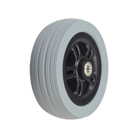 Front Anti-Tip/Rear Caster Wheel for Jazzy 614 and 614 HD, featuring a black rim and white rubber tire, close-up view.