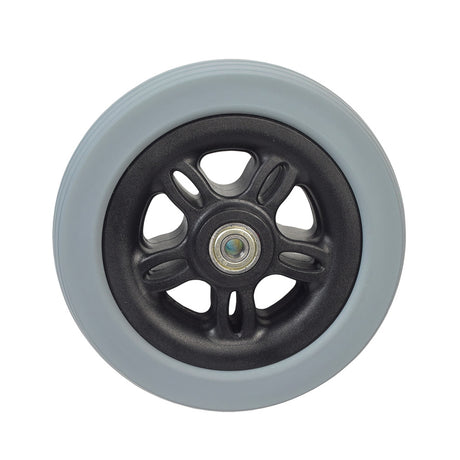 6x2 Caster Wheel Assembly for the Merits EZ-GO, Super Vision, and Vision Sport Power Chairs, featuring a solid polyurethane tire and black hub with bearings.