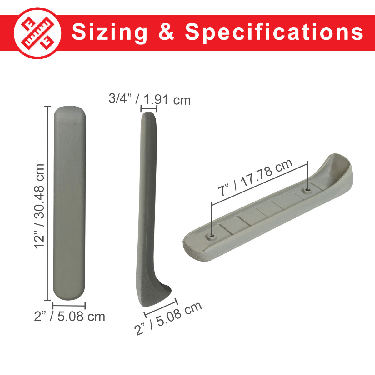 Gray solid rubber armrest pad for Pride Rally, Rally Shopper, Shuttle, Victory 3, and Victory 4 mobility scooters, shown with a measuring tape for size reference.