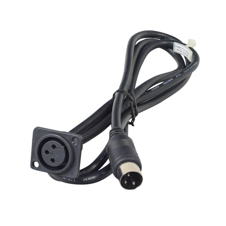 XLR Offboard Charger Port for Jazzy Select Series Power Chairs with 3-Prong GC Joystick, featuring a black cable with a smaller diameter 3-prong connector and a close-up of a white label.