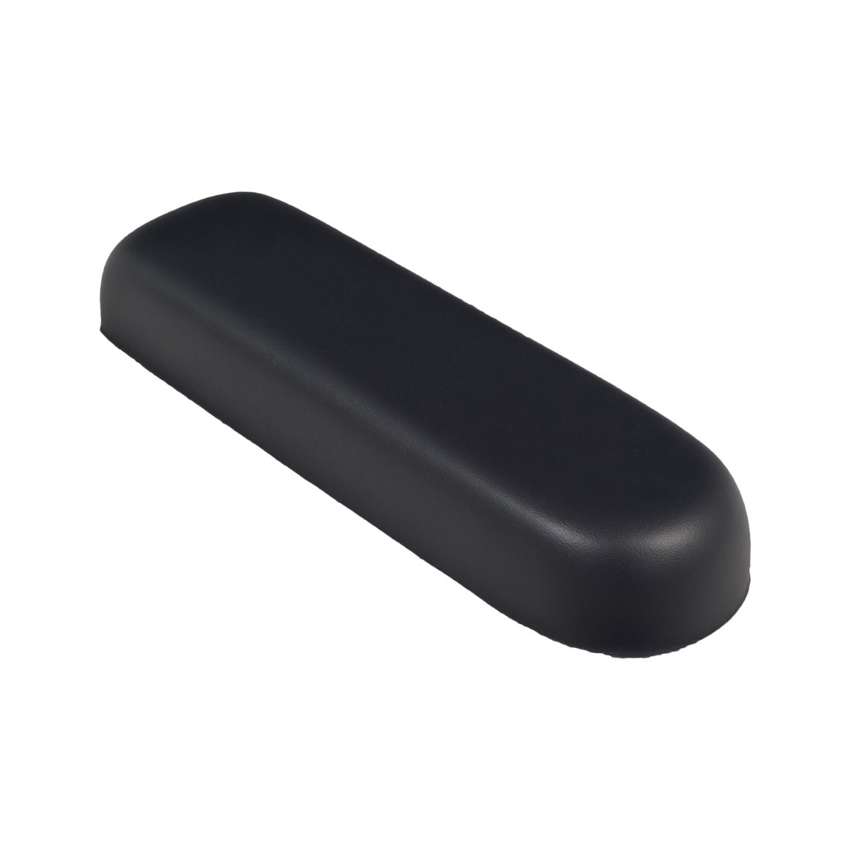 Black Vinyl Co-Molded Armrest Pad for Pride Scooters, featuring a flat, rectangular design with one square end and one rounded end, fits inside the armrest cover on the seat frame.