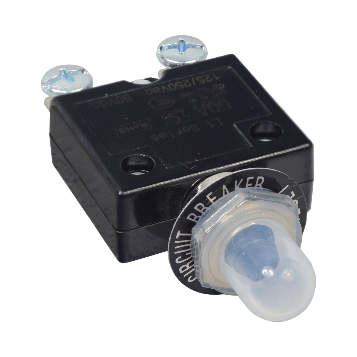 50 Amp (50A) 125/250VAC / 50VDC Push-Button Reset Circuit Breaker with clear rubber button cover and straight screw terminals, suitable for mobility scooters and power chairs.