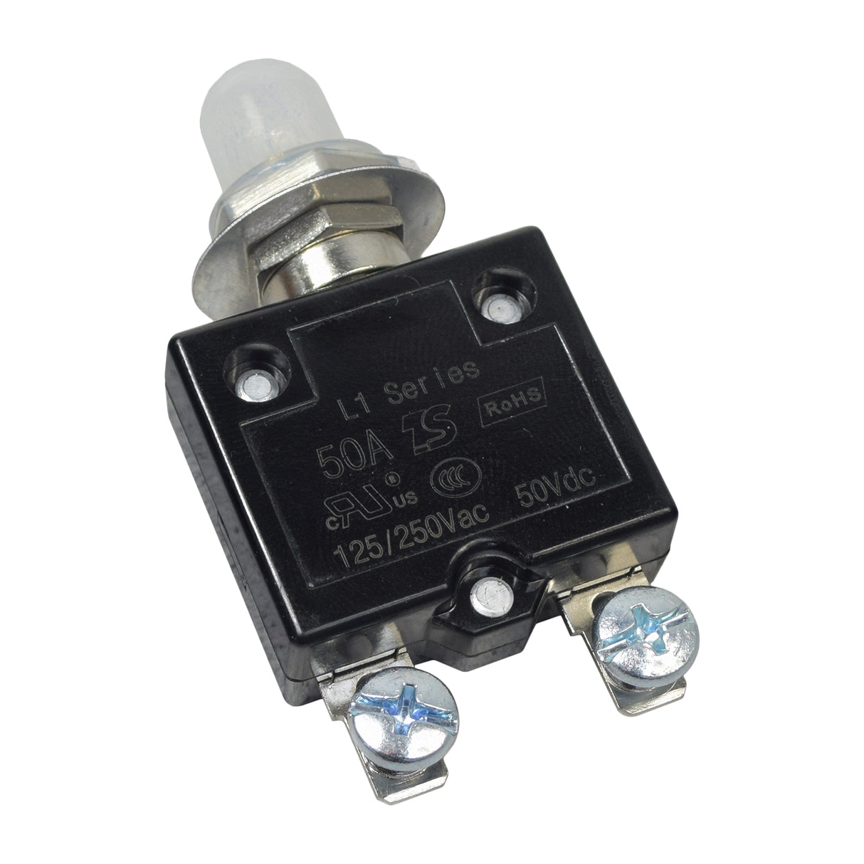 50 Amp (50A) 125/250VAC / 50VDC Push-Button Reset Circuit Breaker featuring black and silver design with straight screw terminals and a clear rubber button cover for mobility scooters and power chairs.