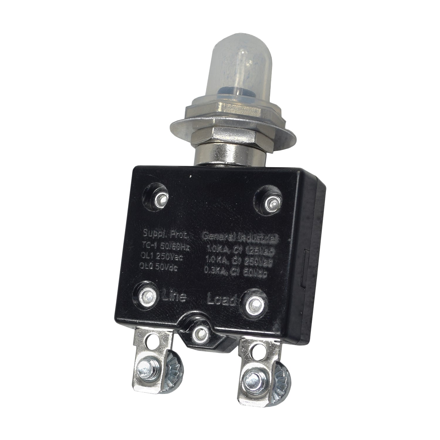 50 Amp (50A) 125/250VAC / 50VDC Push-Button Reset Circuit Breaker with visible silver screw terminals and a clear rubber button cover, ideal for mobility scooters and power chairs.