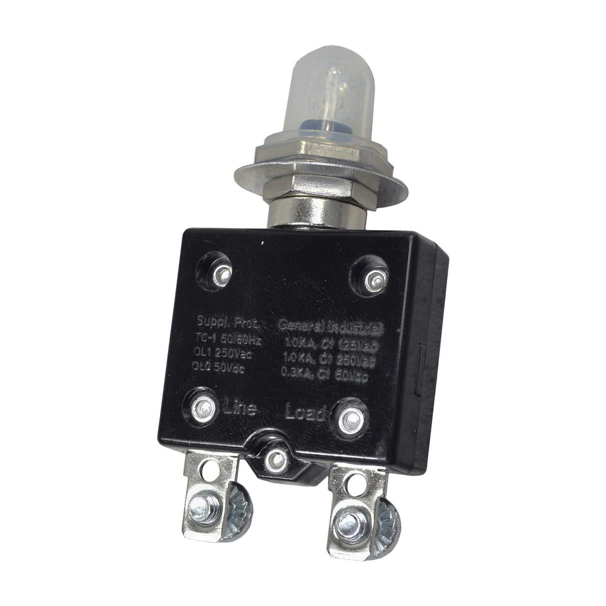 50 Amp Circuit Breaker for the ActiveCare Prowler, Catalina, Medalist, and Renegade featuring straight tab terminals with screw holes, a push-button reset, and visible silver screws on a black electrical device.