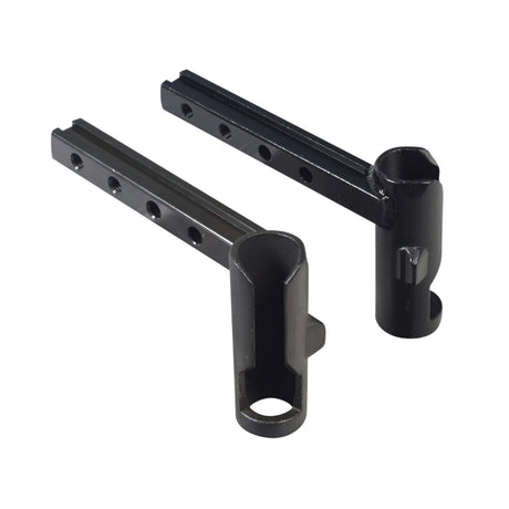 Leg Rest Hangers for the Jazzy 1450 Power Chair (Set of 2), featuring close-up views of black metal parts with holes, designed for elevating and swing-away leg rests on Synergy seating systems.