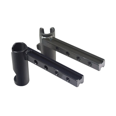 Leg Rest Hangers for the Jazzy 1450 Power Chair (Set of 2), showing close-up views of metal parts with holes, designed for elevating and swing-away leg rests on Synergy seating systems.